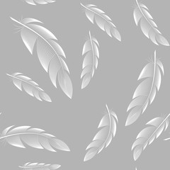Vector seamless pattern, white feathers on gray background.