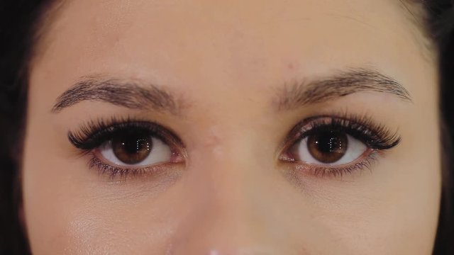 Eyebrow correction, girl's eyes before visiting the tattoo salon, closeup