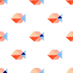 Watercolor seamless pattern with fishes in a row. Origami style. On a white background. Illustration. 
