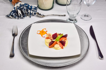 esh vegetable salad with boiled beet, mangold leaves, walnuts and quail eggs