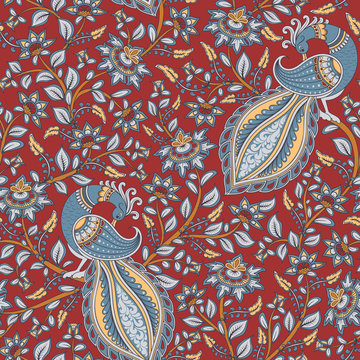 Floral seamless pattern with peacocks on dark red background.