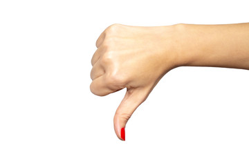 Woman's hand showing thumb down gesture isolated on white , Woman's hand showing thumb dislike...