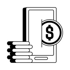 woman using smarphone with coins dollars