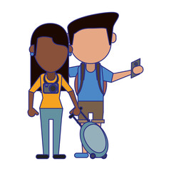 Couple of tourists avatar cartoon blue lines