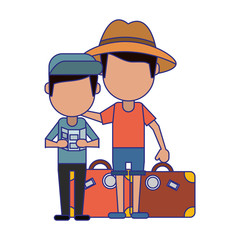 Tourist family cartoon blue lines