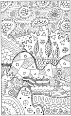 Fantasy landscape with surreal houses and trees. Psychedelic fantastic coloring page for adults. Vector illustration