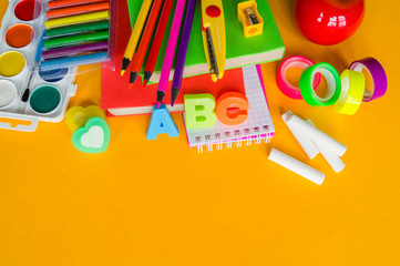 Stationery yellow background. Education. Training material for learning and creativity.