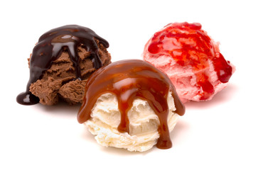 Three Flavors of Ice Cream Chocolate Strawberry and Vanilla on a White Background