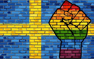 LGBT Protest Fist on a Sweden Brick Wall Flag - Illustration,  Brick Wall Sweden and Gay flags