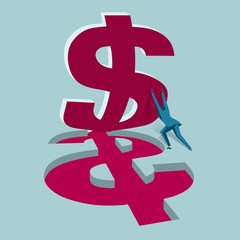 Businessman pushing dollar sign. Isolated on blue background.