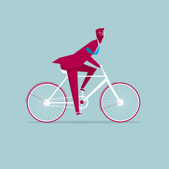 Businessman riding a bicycle. Isolated on blue background.