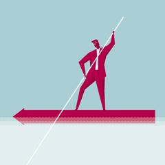 Businessman rowing. The ship is an arrow symbol. Isolated on blue background.