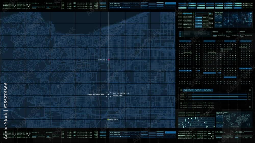 Poster Futuristic motion graphic user interface head up display screen with digital data city map telemetry information display for digital background computer desktop display screen