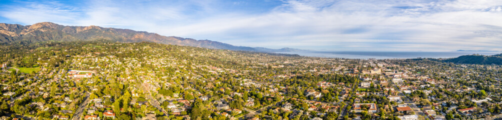 Aerial shot of Santa Barbara California USA, CIty, Streets, Houses Pacific Ocean, Motels