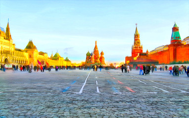 Watercolor. Wide view of the Red Square.