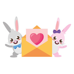 beautiful rabbits couple with heart envelope