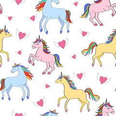 Seamless repeat pattern with colorful unicorns with rainbow manes surrounded by winged pink hearts. Great for girls clothing, home decor, lunch boxes, placemats and a variety of novelty projects.