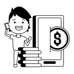 woman using smarphone with coins dollars