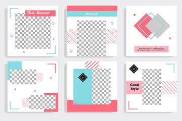 Set of editable social media post template in white, red, pink, turquoise blue background. Using Memphis triangle square pattern