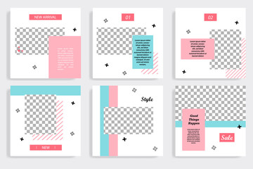 Set of editable social media post template in white, red, pink, turquoise blue background. Using Memphis triangle square pattern