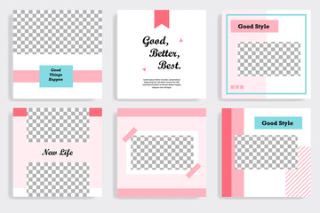 Set of minimal editable social media post banner and cover template in white, red, pink, turquoise blue background. Vector illustration.