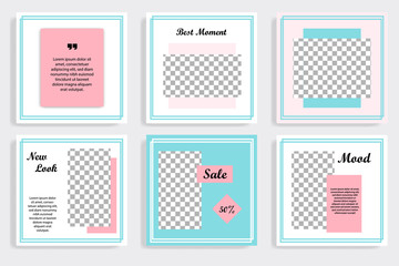 Set of minimal editable social media post banner and cover template in white, red, pink, turquoise blue background. Vector illustration.