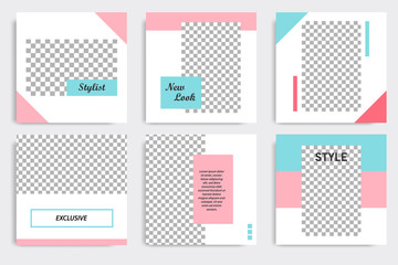 Set of minimal editable social media post banner and cover template in white, red, pink, turquoise blue background. Vector illustration.