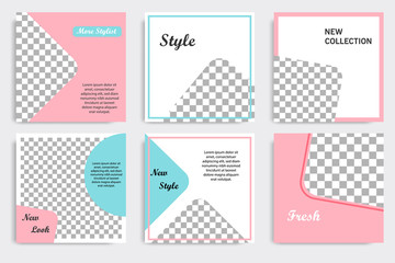 Set of minimal editable social media post banner and cover template in white, red, pink, turquoise blue background. Vector illustration.