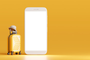 Suitcase and hat, camera with smartphone on yellow background. travel concept. 3d rendering