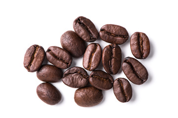 Closeup of arabica coffee beans isolated over white