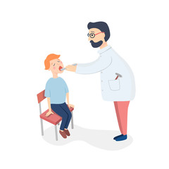 Sick boy sitting on a chair at the doctor's office. The doctor, a man in a medical gown and glasses, looks at the patient's sore throat. Vector flat illustration.