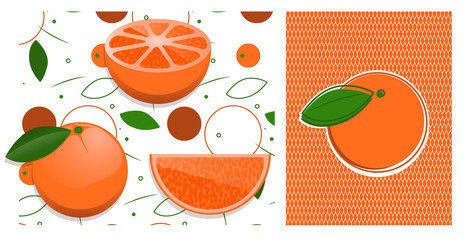 Orange: set of 4 editable oranges and leaves items in two different styles, includes orange themed seamless patterns and textures.
