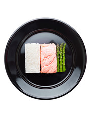 .Rice salmon and asparagus