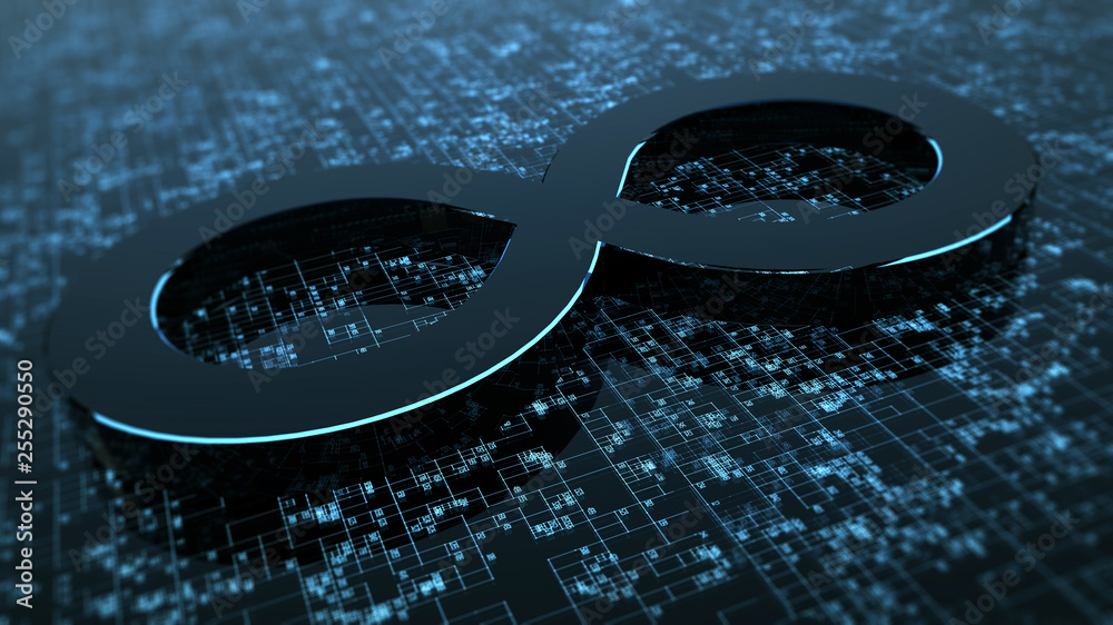 Poster 3D rendering abstract image of the symbol of infinity. Background consisting of glow numbers and lines. The concept of circulation of information