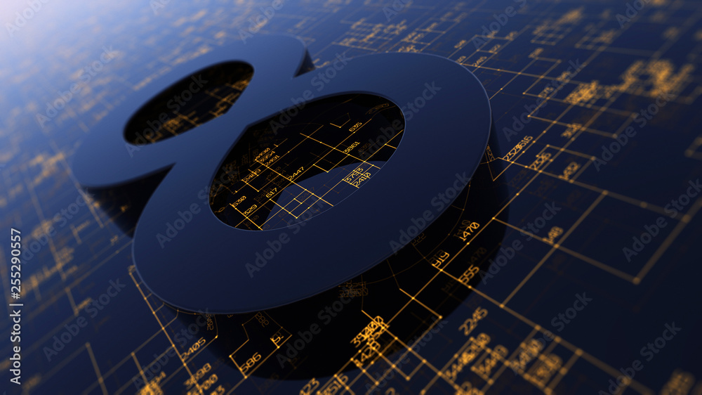 Poster 3D rendering abstract image of the symbol of infinity. Background consisting of glow numbers and lines. The concept of circulation of information