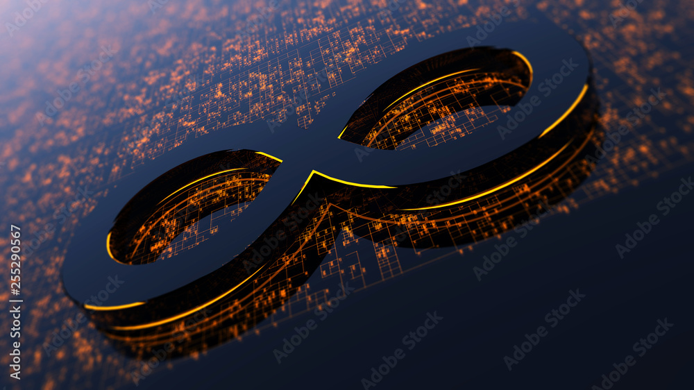 Poster 3D rendering abstract image of the symbol of infinity. Background consisting of glow numbers and lines. The concept of circulation of information