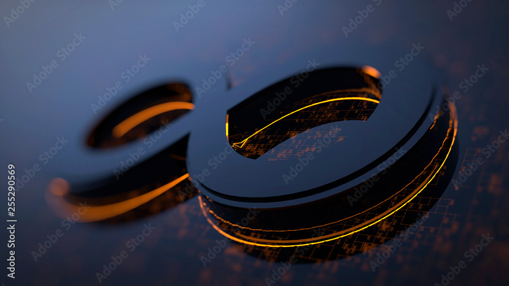 Poster 3D rendering abstract image of the symbol of infinity. Background consisting of glow numbers and lines. The concept of circulation of information