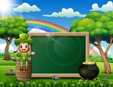 Cartoon leprechaun sitting above chalkboard with a nature landscape