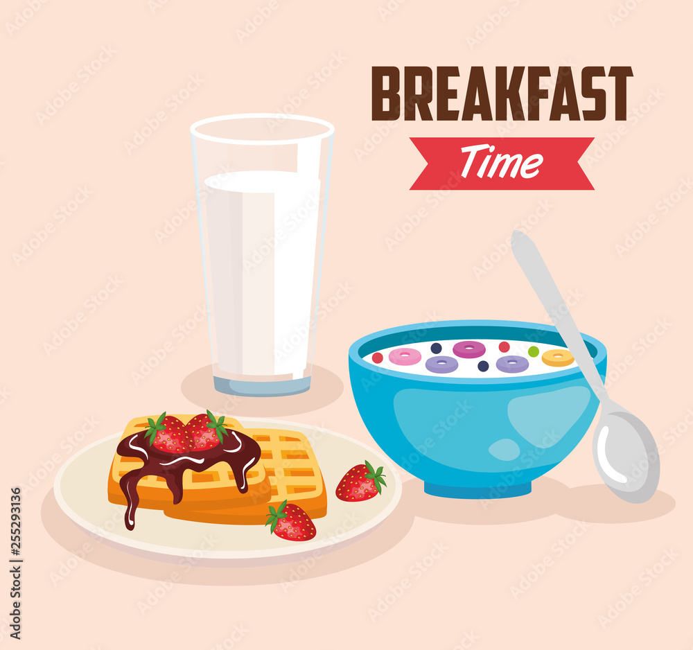 Poster delicious cereal with waffles and milk glass