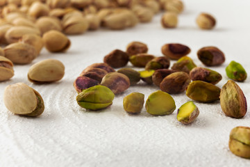 Pistachios on a kitchen table close up