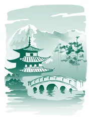 Die Brücke, die zur Pagode führt. Nachahmung der traditionellen chinesischen Malerei. Abbildung, Vektor. © shark192009