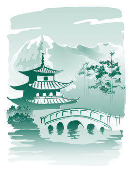 The bridge leading to the Pagoda. Imitation of traditional Chinese painting. Illustration, vector.