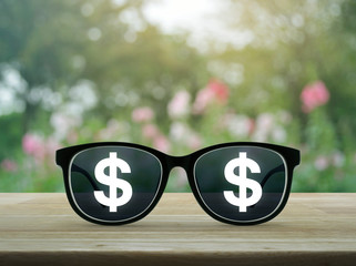 Dollar currency flat icon with eye glasses on wooden table over blur pink flower and tree in garden, Business financial success concept