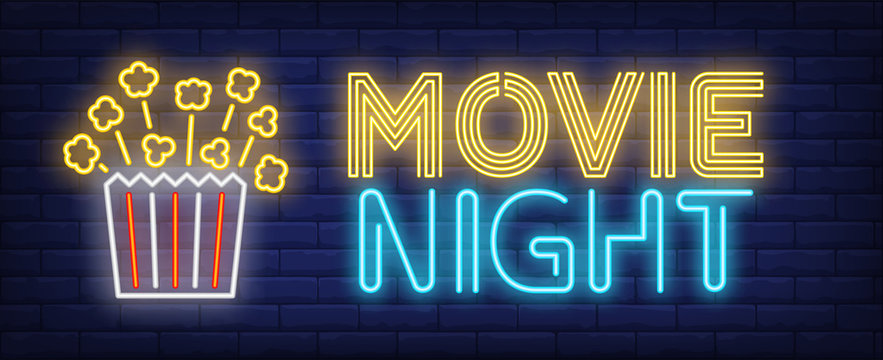 Movie night neon text with popcorn paper box