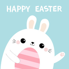 Happy Easter. Rabbit bunny head face holding painting egg. Waving paw print hand. Cute cartoon kawaii funny baby character. Farm animal. Blue pastel background. Flat design