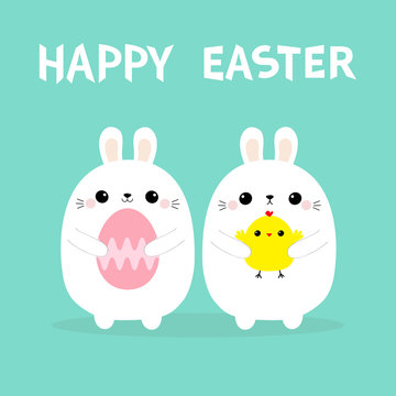 Two bunny holding chicken bird, painting egg set. Happy Easter. Rabbit baby chick friends forever. Farm animal. Cute cartoon kawaii funny character. Blue pastel background. Flat design
