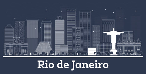 Outline Rio de Janeiro Brazil City Skyline with White Buildings.