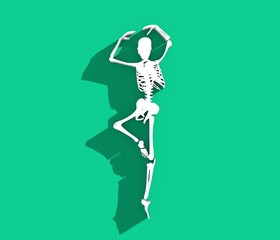 Human skeleton dancing. Halloween party design template. 3D rendering. Web icon with long shadow