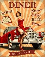 Fotobehang American Diner vintage poster met retro auto en pin-up girl. © Марина Ахадова