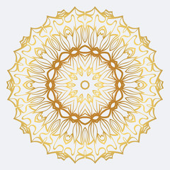 Vector Round Abstract Mandala Style Decorative Element. Hand-Drawn Vector Illustration. Can Be Used For Textile, Greeting Card, Coloring Book, Phone Case Print. Gold color